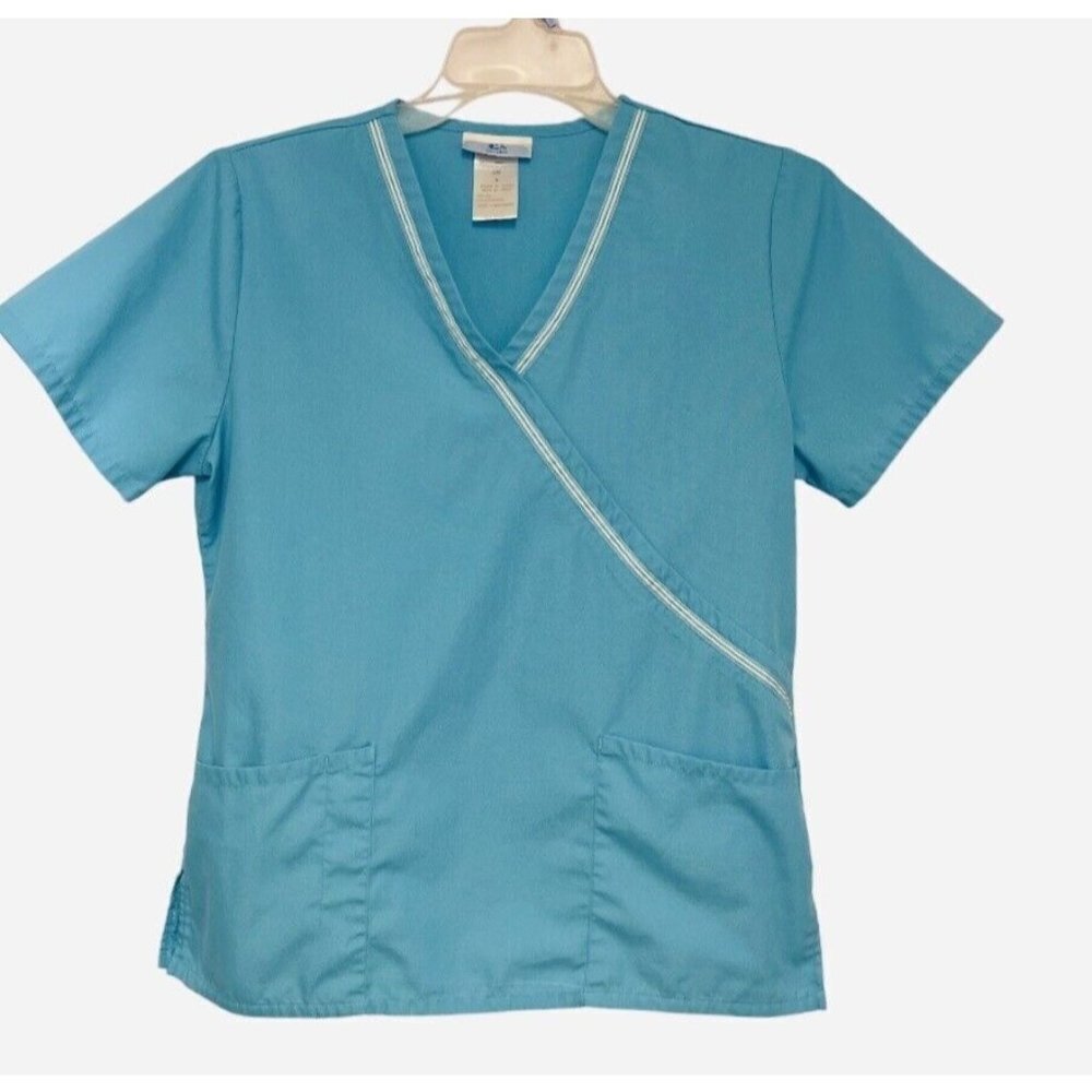 SB Scrubs Women's Mock Crossover Top Small‎ Turquoise Pockets Medical Uniforms